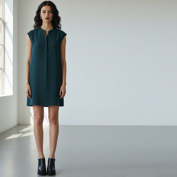 ARITZIA BABATON SHIFT DRESS CAP SLEEVE POCKETS BANDED COLLAR - TEAL - Picture 12 of 12